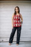 Aqua Blue Floral Block Print Strappy Peplum Top for Women
